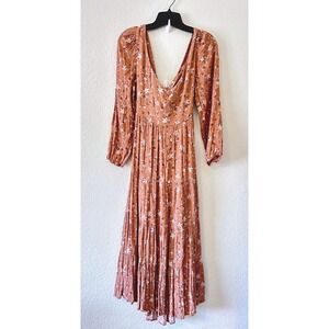 Boho Western Hippie Floral Maxi Dress Forum Rust V-Neck Tie Back Cutout SZ S